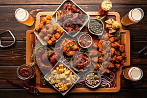overhead shot of bbq platter paired with craft beer flight