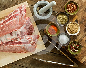 Overhead Shot of BBQ Rib Dinner with Seasonings, Mortar, Pestle