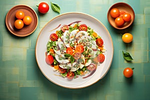 overhead shot of caprese salad with whole tomatoes and block of cheese