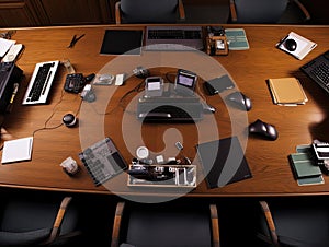 Conference table with business tools and technology