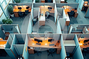 An overhead shot capturing the layout and arrangement of multiple office cubicles in a busy workplace setting, Aerial view of an