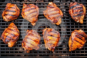 overhead shot of chicken thighs on a grill, fully cooked