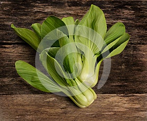 Overhead shot of Chinese cabbage, Bok Choy, on rustic wood photo