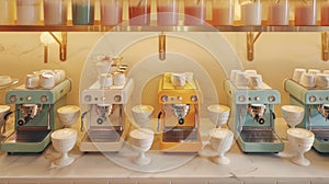 An overhead shot of a coffee bar lined with vintage espresso machines with a row of pastelcolored lattes lined up on the