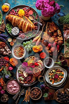 overhead shot of a colorful thanksgiving dinner spread