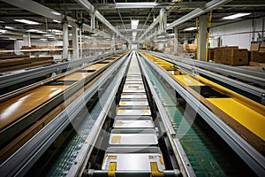 overhead shot of conveyor belt carrying large format darkroom trays