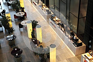 An overhead shot of a corner of the Chinese buffet restaurant in the hotel.