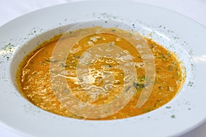 Overhead shot of a delicious hot goulash soup