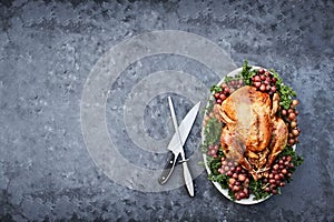 Overhead Shot of Delicious Roasted Thanksgiving Turkey with Knife