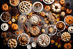 An overhead shot of a dessert table adorned with an array of Thanksgiving sweets, including pies, cookies, and seasonal treats. --