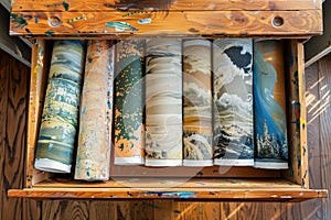 overhead shot of a drawer with rolledup canvases