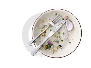 Overhead shot of an empty plate with leftovers from a meal on a white background