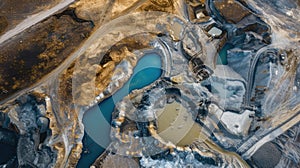 Overhead shot of an expansive excavation site with water bodies. sulfur mining