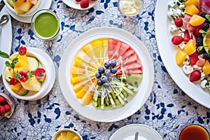 overhead shot of a fruit salad platter at a brunch buffet