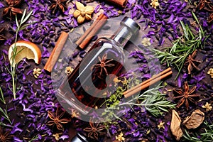 overhead shot of gin bottle surrounded by botanicals