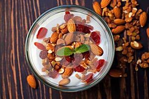 overhead shot of greek yogurt parfait with goji berries