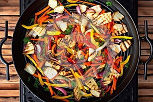 overhead shot of grill wok with colorful root vegetables
