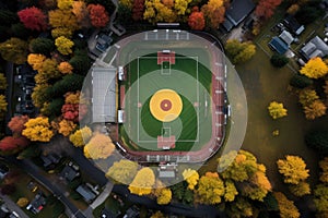overhead shot of a little league baseball field during a game