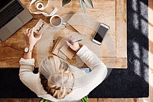 Overhead Shot Looking Down On Woman Writing In Generic Thank You Card