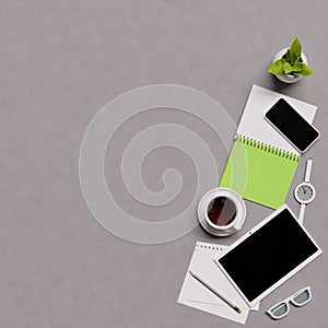 Overhead shot of office desktop. Telephone, tea cup, glasses, pencils, notebook, pen, potted plant on light background.Top view
