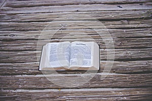 Overhead shot of an open bible on a wooden pathway