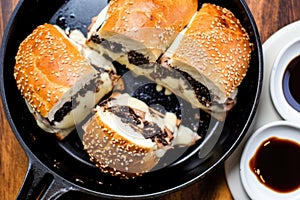 overhead shot of perfectly browned bread on a french dip sandwich