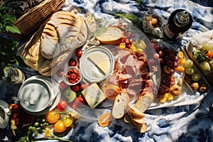 An overhead shot of a picnic blanket spread with delicious food on a sunny meadow