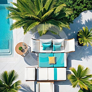 An overhead shot of a poolside lounge area with palm and relaxing in stylish evoking the glamorous Miami beach