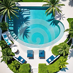 An overhead shot of a poolside lounge area with palm and relaxing in stylish evoking the glamorous Miami beach