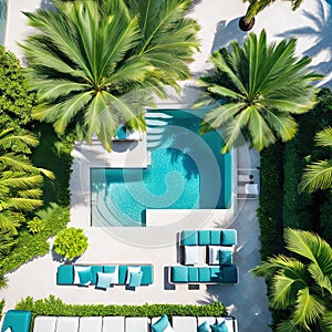 An overhead shot of a poolside lounge area with palm and relaxing in stylish evoking the glamorous Miami beach