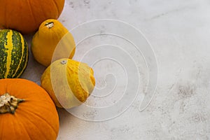 Overhead shot of pumpkins on a bright background and space for text