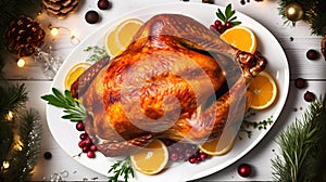 Overhead Shot of a roasted Turkey on a white Plate. Kitchen Backdrop for Thanksgiving and Christmas