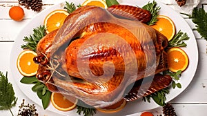 Overhead Shot of a roasted Turkey on a white Plate. Kitchen Backdrop for Thanksgiving and Christmas