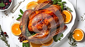 Overhead Shot of a roasted Turkey on a white Plate. Kitchen Backdrop for Thanksgiving and Christmas