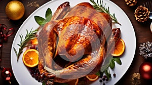 Overhead Shot of a roasted Turkey on a white Plate. Kitchen Backdrop for Thanksgiving and Christmas