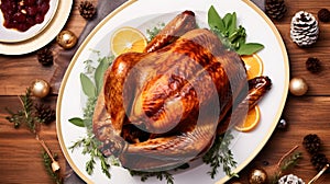 Overhead Shot of a roasted Turkey on a white Plate. Kitchen Backdrop for Thanksgiving and Christmas