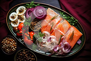 overhead shot of a smoked salmon platter with capers and onions