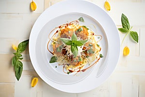 overhead shot of spaghetti and meatballs on white plate, basil garnish