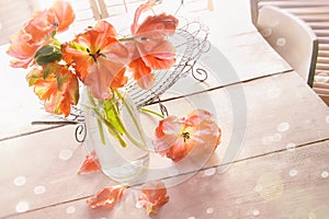 Overhead shot of spring tulips on table