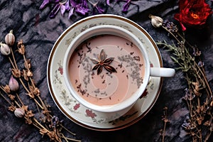 overhead shot of steeping tea in a cup