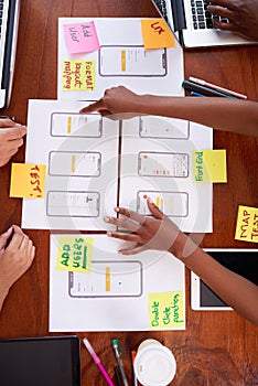 Overhead shot of team working together on mobile app layout design, UX