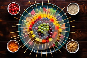 overhead shot of toothpicks and a plate of colorful fruit skewers