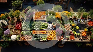 overhead shot of a vibrant farmer's market, showcasing an array of fresh fruits, vegetables, and flowers by AI generated