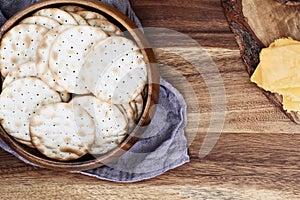 Overhead Shot of Water Crackers and Cheddar Cheese