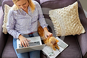 Overhead Shot Of Woman Working From Home On Laptop Sitting On Sofa During Lockdown Stroking Pet Cat