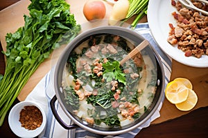 overhead shot of zuppa toscana with crumbled bacon topping