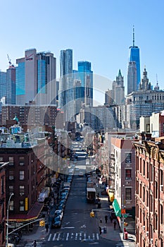 Two Bridges Overhead Street Scene with a view of the Lower Manhattan Skyline in New York City