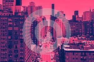 Overhead street view in Manhattan New York City in pink