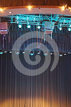 Overhead technology and lighting as seen from center stage of acting area