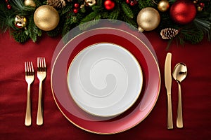 Overhead top view of a festive christmas dinner meal place setting with an empty plate and gold cutlery